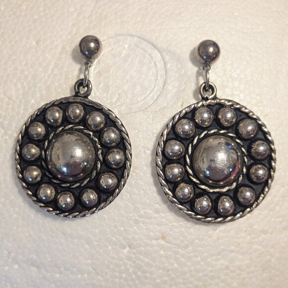 Vintage Studded Alpaca Silver Round Circular Post Drop Earrings Mexico Boho - Picture 7 of 7